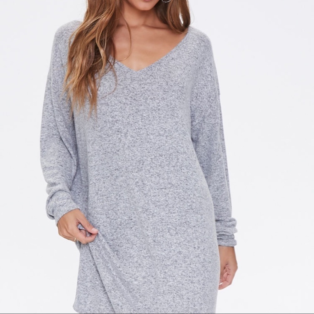 NEW-CAPELLA Marled Knit,Deep V-Neck, LongSleeve,Shift Mini Dress Heather Gray LG